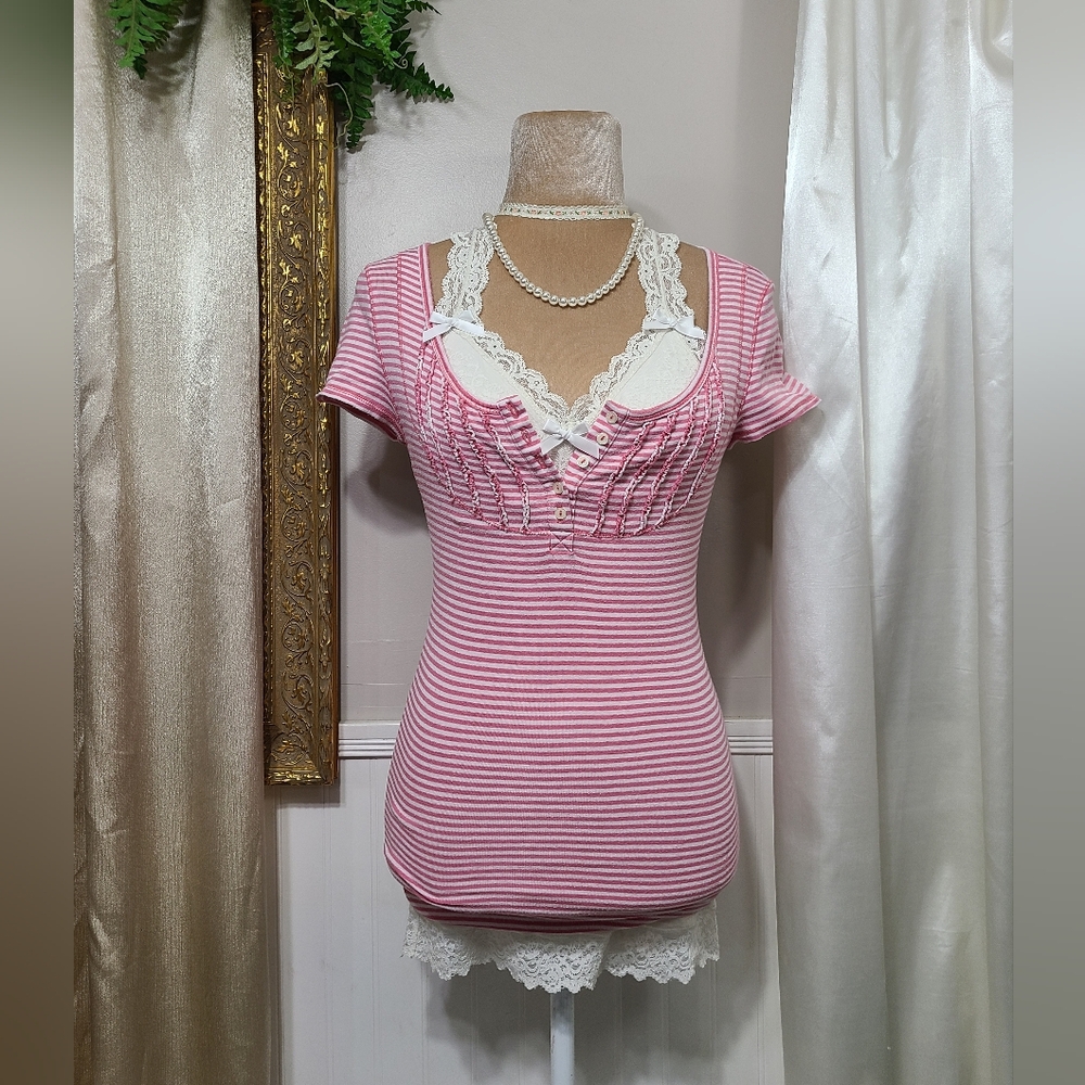 ♡ Y2K ♡ Aeropostale Pink Striped Ruffle Button Down Babydoll Henley